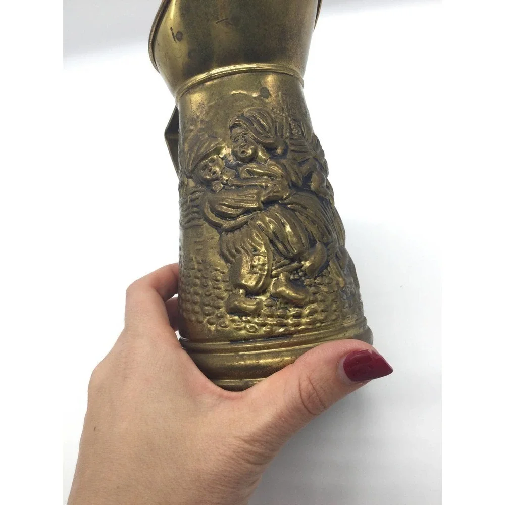 Vintage 8” brass pitcher windmill England dog‎ sailboat chicken street country